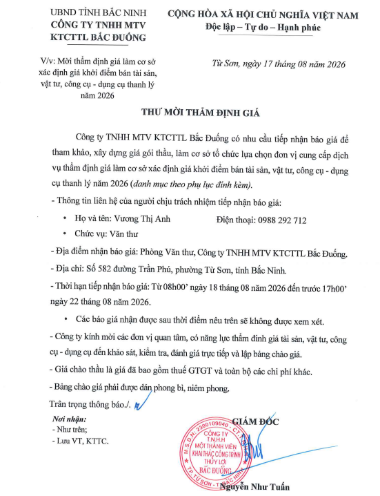 Thư mời thẩm định giá